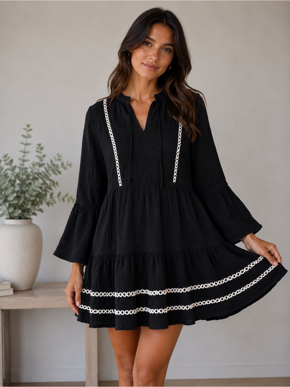 Scoop Black Boho Cotton Mini Dress Size Large Embroidered Trim Tiered